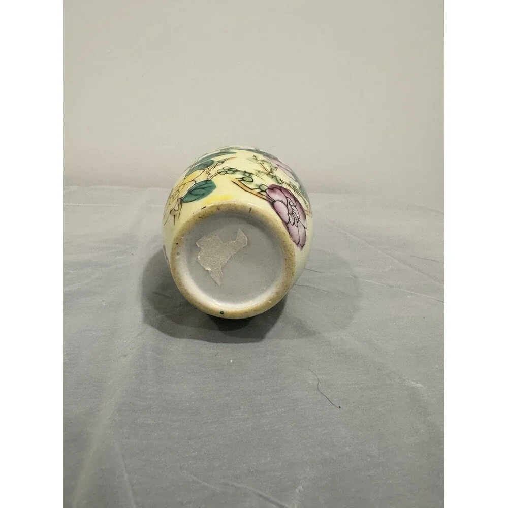 Vintage Hand Painted Floral Vase Yellow Ceramic Asian Style Small Vase